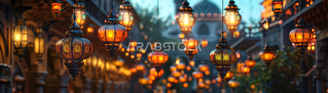 الاستعداد لاستقبال شهر رمضان المبارك, زينة و إضاءة الاعياد والمناسبات الدينية, أجواء روحانية رمضانية هادئة, صورة ظلية لفوانيس معدنية مزخرفة مضيئة معلقة أثناء غروب الشمس في المملكة العربية السعودية، خلفية المساجد الاسلامية, سيلوليت