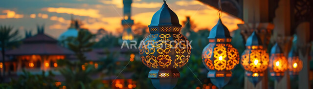 الاستعداد لاستقبال شهر رمضان المبارك, زينة و إضاءة الاعياد والمناسبات الدينية, أجواء روحانية رمضانية هادئة, صورة ظلية لفوانيس معدنية مزخرفة مضيئة معلقة أثناء غروب الشمس في المملكة العربية السعودية، خلفية المساجد الاسلامية, سيلوليت