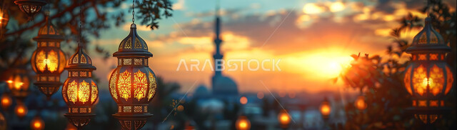الاستعداد لاستقبال شهر رمضان المبارك, زينة و إضاءة الاعياد والمناسبات الدينية, أجواء روحانية رمضانية هادئة, صورة ظلية لفوانيس معدنية مزخرفة مضيئة معلقة أثناء غروب الشمس في المملكة العربية السعودية، خلفية المساجد الاسلامية, سيلوليت