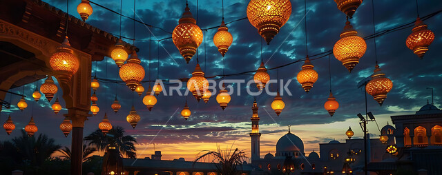 الاستعداد لاستقبال شهر رمضان المبارك, زينة و إضاءة الاعياد والمناسبات الدينية, أجواء روحانية رمضانية هادئة, صورة ظلية لفوانيس معدنية مزخرفة مضيئة معلقة أثناء غروب الشمس في المملكة العربية السعودية، خلفية المساجد الاسلامية, سيلوليت