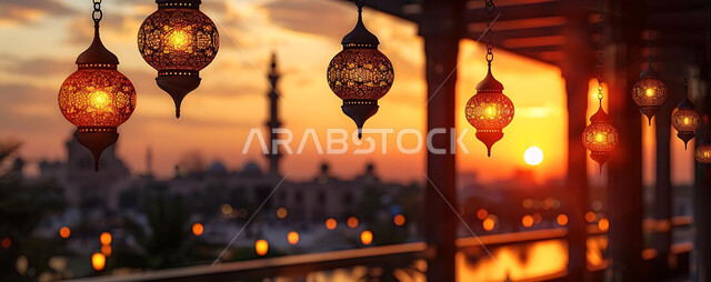 الاستعداد لاستقبال شهر رمضان المبارك, زينة و إضاءة الاعياد والمناسبات الدينية, أجواء روحانية رمضانية هادئة, صورة ظلية لفوانيس معدنية مزخرفة مضيئة معلقة أثناء غروب الشمس في المملكة العربية السعودية، خلفية المساجد الاسلامية, سيلوليت
