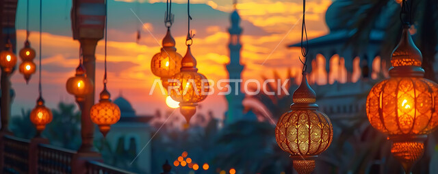 الاستعداد لاستقبال شهر رمضان المبارك, زينة و إضاءة الاعياد والمناسبات الدينية, أجواء روحانية رمضانية هادئة, صورة ظلية لفوانيس معدنية مزخرفة مضيئة معلقة أثناء غروب الشمس في المملكة العربية السعودية، خلفية المساجد الاسلامية, سيلوليت