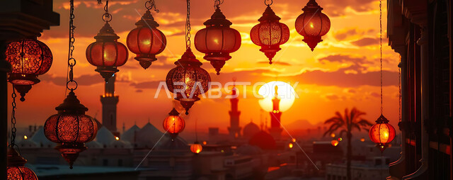 إضاءة وزينة الاعياد والمناسبات الدينية, أجواء روحانية رمضانية هادئة, صورة ظلية لفوانيس معدنية مزخرفة مضيئة معلقة أثناء غروب الشمس في المملكة العربية السعودية، الاستعداد لاستقبال شهر رمضان المبارك, خلفية المساجد الاسلامية, سيلوليت