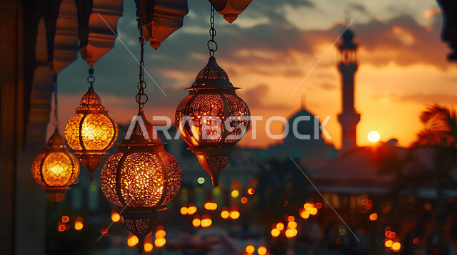 إضاءة وزينة الاعياد والمناسبات الدينية, أجواء روحانية رمضانية هادئة, صورة ظلية لفوانيس معدنية مزخرفة مضيئة معلقة أثناء غروب الشمس في المملكة العربية السعودية، الاستعداد لاستقبال شهر رمضان المبارك, خلفية المساجد الاسلامية, سيلوليت