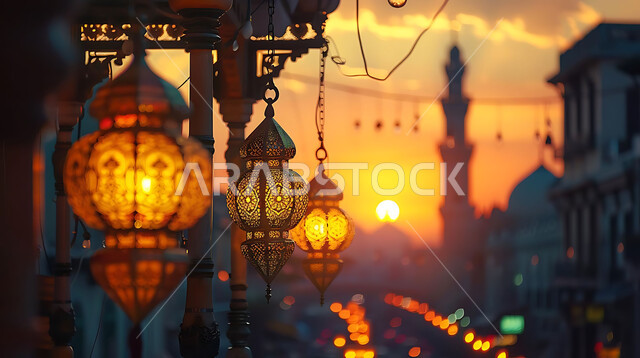 إضاءة وزينة الاعياد والمناسبات الدينية, أجواء روحانية رمضانية هادئة, صورة ظلية لفوانيس معدنية مزخرفة مضيئة معلقة أثناء غروب الشمس في المملكة العربية السعودية، الاستعداد لاستقبال شهر رمضان المبارك, خلفية المساجد الاسلامية, سيلوليت