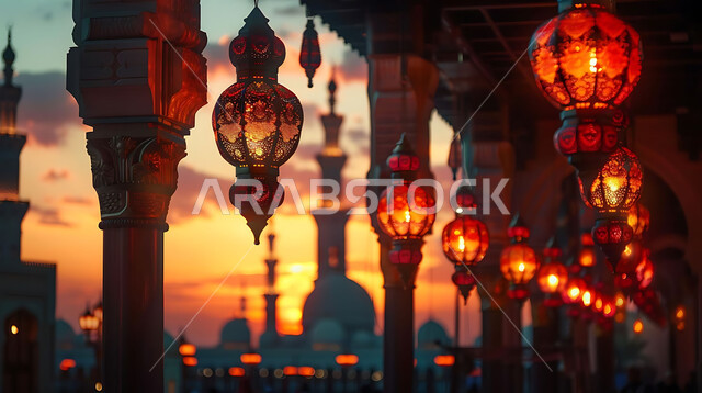 إضاءة وزينة الاعياد والمناسبات الدينية, أجواء روحانية رمضانية هادئة, صورة ظلية لفوانيس معدنية مزخرفة مضيئة معلقة أثناء غروب الشمس في المملكة العربية السعودية، الاستعداد لاستقبال شهر رمضان المبارك, خلفية المساجد الاسلامية, سيلوليت
