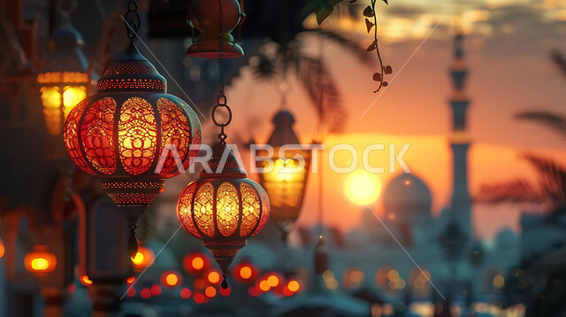 إضاءة وزينة الاعياد والمناسبات الدينية, أجواء روحانية رمضانية هادئة, صورة ظلية لفوانيس معدنية مزخرفة مضيئة معلقة أثناء غروب الشمس في المملكة العربية السعودية، الاستعداد لاستقبال شهر رمضان المبارك, خلفية المساجد الاسلامية, سيلوليت