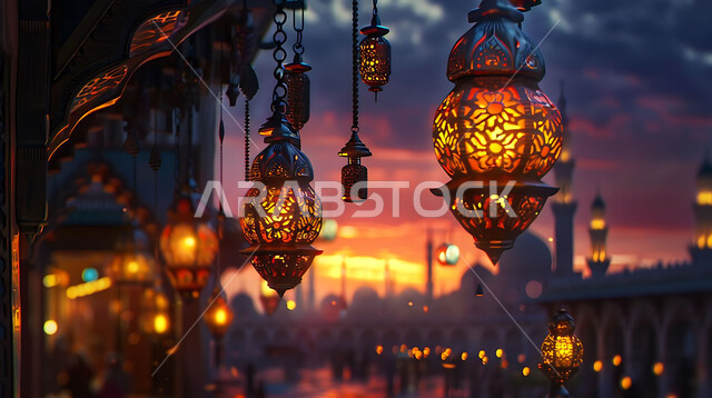 إضاءة وزينة الاعياد والمناسبات الدينية, أجواء روحانية رمضانية هادئة, صورة ظلية لفوانيس معدنية مزخرفة مضيئة معلقة أثناء غروب الشمس في المملكة العربية السعودية، الاستعداد لاستقبال شهر رمضان المبارك, خلفية المساجد الاسلامية, سيلوليت