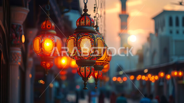 إضاءة وزينة الاعياد والمناسبات الدينية, أجواء روحانية رمضانية هادئة, صورة ظلية لفوانيس معدنية مزخرفة مضيئة معلقة أثناء غروب الشمس في المملكة العربية السعودية، الاستعداد لاستقبال شهر رمضان المبارك, خلفية المساجد الاسلامية, سيلوليت
