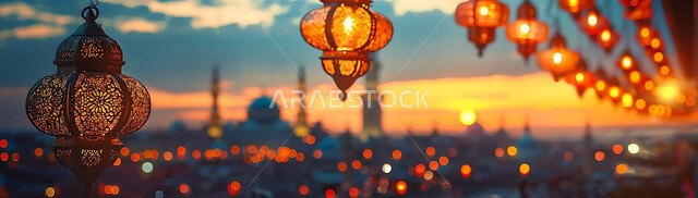 إضاءة وزينة الاعياد والمناسبات الدينية, أجواء روحانية رمضانية هادئة, صورة ظلية لفوانيس معدنية مزخرفة مضيئة معلقة أثناء غروب الشمس في المملكة العربية السعودية، الاستعداد لاستقبال شهر رمضان المبارك, خلفية المساجد الاسلامية, سيلوليت
