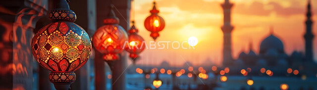 إضاءة وزينة الاعياد والمناسبات الدينية, أجواء روحانية رمضانية هادئة, صورة ظلية لفوانيس معدنية مزخرفة مضيئة معلقة أثناء غروب الشمس في المملكة العربية السعودية، الاستعداد لاستقبال شهر رمضان المبارك, خلفية المساجد الاسلامية, سيلوليت