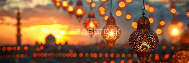 إضاءة وزينة الاعياد والمناسبات الدينية, أجواء روحانية رمضانية هادئة, صورة ظلية لفوانيس معدنية مزخرفة مضيئة معلقة أثناء غروب الشمس في المملكة العربية السعودية، الاستعداد لاستقبال شهر رمضان المبارك, خلفية المساجد الاسلامية, سيلوليت