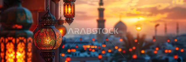 إضاءة وزينة الاعياد والمناسبات الدينية, أجواء روحانية رمضانية هادئة, صورة ظلية لفوانيس معدنية مزخرفة مضيئة معلقة أثناء غروب الشمس في المملكة العربية السعودية، الاستعداد لاستقبال شهر رمضان المبارك, خلفية المساجد الاسلامية, سيلوليت