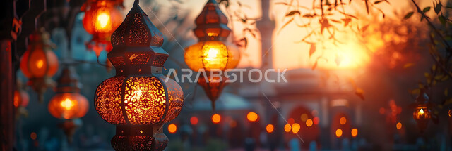 إضاءة وزينة الاعياد والمناسبات الدينية, أجواء روحانية رمضانية هادئة, صورة ظلية لفوانيس معدنية مزخرفة مضيئة معلقة أثناء غروب الشمس في المملكة العربية السعودية، الاستعداد لاستقبال شهر رمضان المبارك, خلفية المساجد الاسلامية, سيلوليت