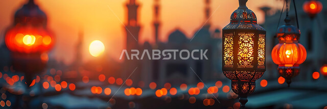 إضاءة وزينة الاعياد والمناسبات الدينية, أجواء روحانية رمضانية هادئة, صورة ظلية لفوانيس معدنية مزخرفة مضيئة معلقة أثناء غروب الشمس في المملكة العربية السعودية، الاستعداد لاستقبال شهر رمضان المبارك, خلفية المساجد الاسلامية, سيلوليت