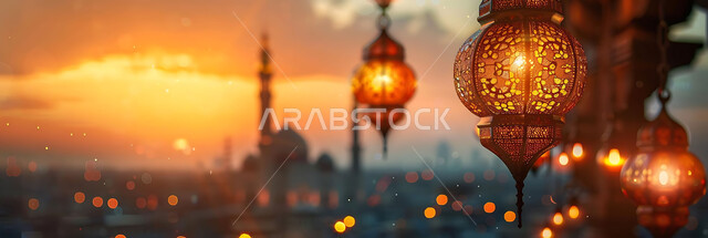 إضاءة وزينة الاعياد والمناسبات الدينية, أجواء روحانية رمضانية هادئة, صورة ظلية لفوانيس معدنية مزخرفة مضيئة معلقة أثناء غروب الشمس في المملكة العربية السعودية، الاستعداد لاستقبال شهر رمضان المبارك, خلفية المساجد الاسلامية, سيلوليت