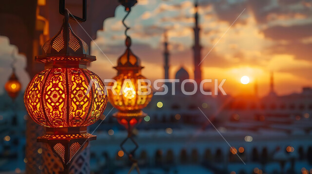 إضاءة وزينة الاعياد والمناسبات الدينية, أجواء روحانية رمضانية هادئة, صورة ظلية لفوانيس معدنية مزخرفة مضيئة معلقة أثناء غروب الشمس في المملكة العربية السعودية، الاستعداد لاستقبال شهر رمضان المبارك, خلفية المساجد الاسلامية, سيلوليت