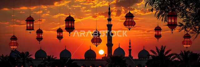 إضاءة وزينة الاعياد والمناسبات الدينية, أجواء روحانية رمضانية هادئة, صورة ظلية لفوانيس معدنية مزخرفة مضيئة معلقة أثناء غروب الشمس في المملكة العربية السعودية، الاستعداد لاستقبال شهر رمضان المبارك, خلفية المساجد الاسلامية, سيلوليت