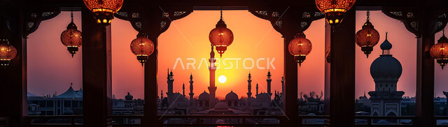 إضاءة وزينة الاعياد والمناسبات الدينية, أجواء روحانية رمضانية هادئة, صورة ظلية لفوانيس معدنية مزخرفة مضيئة معلقة أثناء غروب الشمس في المملكة العربية السعودية، الاستعداد لاستقبال شهر رمضان المبارك, خلفية المساجد الاسلامية, سيلوليت
