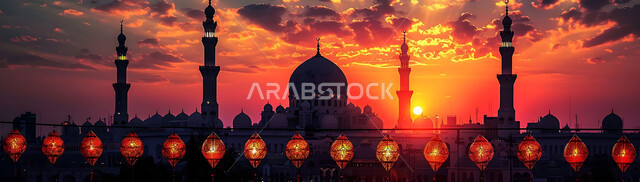  العبادة والتقرب إلى الله تعالى, نداء المسلمين لأداء الفرائض والصلوات, صورة ظلية للمساجد الاسلامية أثناء غروب الشمس, أجواء روحانية هادئة, الديكورات والتصميم الهندسي على الطراز العربي الاسلامي القديم, سالويت