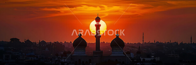  العبادة والتقرب إلى الله تعالى, نداء المسلمين لأداء الفرائض والصلوات, صورة ظلية للمساجد الاسلامية أثناء غروب الشمس, أجواء روحانية هادئة, الديكورات والتصميم الهندسي على الطراز العربي الاسلامي القديم, سالويت