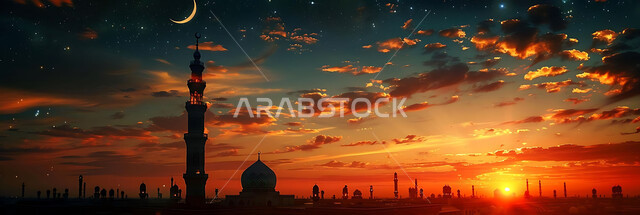  العبادة والتقرب إلى الله تعالى, نداء المسلمين لأداء الفرائض والصلوات, صورة ظلية للمساجد الاسلامية أثناء غروب الشمس, أجواء روحانية هادئة, الديكورات والتصميم الهندسي على الطراز العربي الاسلامي القديم, سالويت