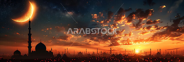  العبادة والتقرب إلى الله تعالى, نداء المسلمين لأداء الفرائض والصلوات, صورة ظلية للمساجد الاسلامية أثناء غروب الشمس, أجواء روحانية هادئة, الديكورات والتصميم الهندسي على الطراز العربي الاسلامي القديم, سالويت