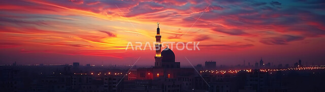  العبادة والتقرب إلى الله تعالى, نداء المسلمين لأداء الفرائض والصلوات, صورة ظلية للمساجد الاسلامية أثناء غروب الشمس, أجواء روحانية هادئة, الديكورات والتصميم الهندسي على الطراز العربي الاسلامي القديم, سالويت