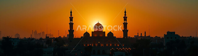  العبادة والتقرب إلى الله تعالى, نداء المسلمين لأداء الفرائض والصلوات, صورة ظلية للمساجد الاسلامية أثناء غروب الشمس, أجواء روحانية هادئة, الديكورات والتصميم الهندسي على الطراز العربي الاسلامي القديم, سالويت