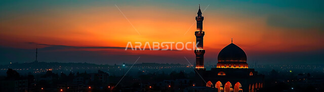  العبادة والتقرب إلى الله تعالى, نداء المسلمين لأداء الفرائض والصلوات, صورة ظلية للمساجد الاسلامية أثناء غروب الشمس, أجواء روحانية هادئة, الديكورات والتصميم الهندسي على الطراز العربي الاسلامي القديم, سالويت