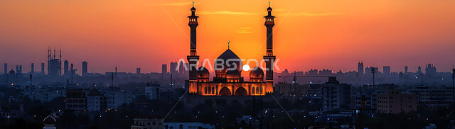  العبادة والتقرب إلى الله تعالى, نداء المسلمين لأداء الفرائض والصلوات, صورة ظلية للمساجد الاسلامية أثناء غروب الشمس, أجواء روحانية هادئة, الديكورات والتصميم الهندسي على الطراز العربي الاسلامي القديم, سالويت