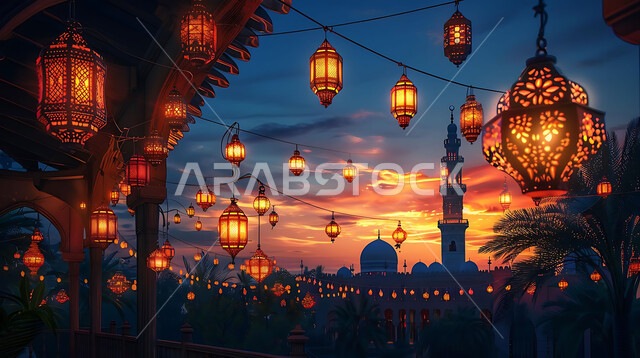 اكسسوارات و تحف مميزة للاحتفال بقدوم شهر الخير، صورة ظلية لزينة رمضان المبارك أثناء غروب الشمس، المصابيح المعدنية في الأجواء الرمضانية الروحانية، مجموعة من الفوانيس العربية التقليدية المضيئة على خلفية المساجد الاسلامية, سالويت