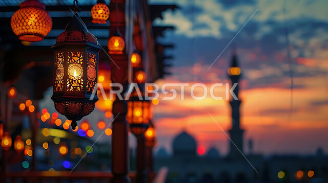 Distinctive accessories and antiques to celebrate the coming of the month of goodness, a silhouette of the blessed Ramadan decorations during sunset, metal lamps in the spiritual Ramadan atmosphere, a group of traditional Arabic lanterns illuminated against the background of Islamic mosques, Saluit