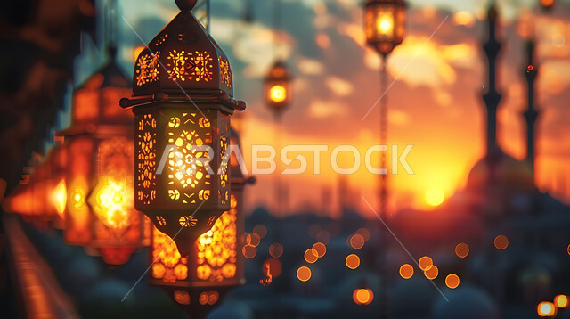 اكسسوارات و تحف مميزة للاحتفال بقدوم شهر الخير، صورة ظلية لزينة رمضان المبارك أثناء غروب الشمس، المصابيح المعدنية في الأجواء الرمضانية الروحانية، مجموعة من الفوانيس العربية التقليدية المضيئة على خلفية المساجد الاسلامية, سالويت