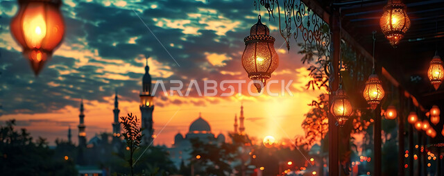 اكسسوارات و تحف مميزة للاحتفال بقدوم شهر الخير، صورة ظلية لزينة رمضان المبارك أثناء غروب الشمس، المصابيح المعدنية في الأجواء الرمضانية الروحانية، مجموعة من الفوانيس العربية التقليدية المضيئة على خلفية المساجد الاسلامية, سالويت