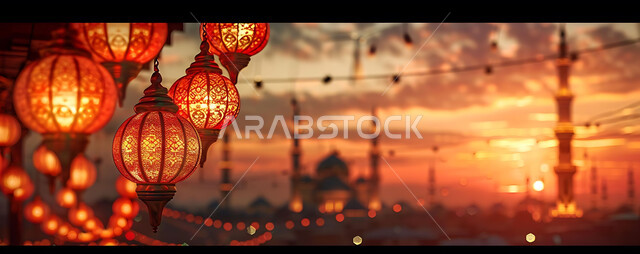 Distinctive accessories and antiques to celebrate the coming of the month of goodness, a silhouette of the blessed Ramadan decorations during sunset, metal lamps in the spiritual Ramadan atmosphere, a group of traditional Arabic lanterns illuminated against the background of Islamic mosques, Saluit