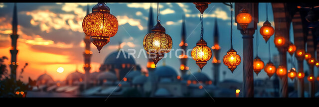اكسسوارات و تحف مميزة للاحتفال بقدوم شهر الخير، صورة ظلية لزينة رمضان المبارك أثناء غروب الشمس، المصابيح المعدنية في الأجواء الرمضانية الروحانية، مجموعة من الفوانيس العربية التقليدية المضيئة على خلفية المساجد الاسلامية, سالويت