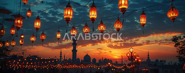 اكسسوارات و تحف مميزة للاحتفال بقدوم شهر الخير، صورة ظلية لزينة رمضان المبارك أثناء غروب الشمس، المصابيح المعدنية في الأجواء الرمضانية الروحانية، مجموعة من الفوانيس العربية التقليدية المضيئة على خلفية المساجد الاسلامية, سالويت