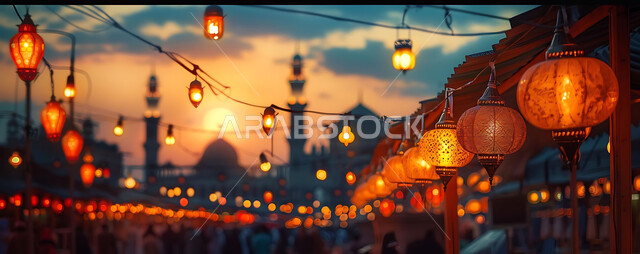 Distinctive accessories and antiques to celebrate the coming of the month of goodness, a silhouette of the blessed Ramadan decorations during sunset, metal lamps in the spiritual Ramadan atmosphere, a group of traditional Arabic lanterns illuminated against the background of Islamic mosques, Saluit