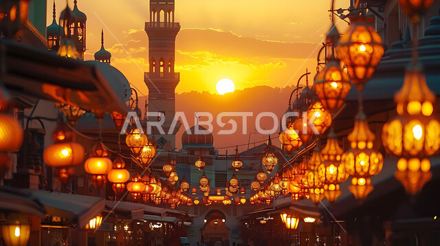 Distinctive accessories and antiques to celebrate the coming of the month of goodness, a silhouette of the blessed Ramadan decorations during sunset, metal lamps in the spiritual Ramadan atmosphere, a group of traditional Arabic lanterns illuminated against the background of Islamic mosques, Saluit