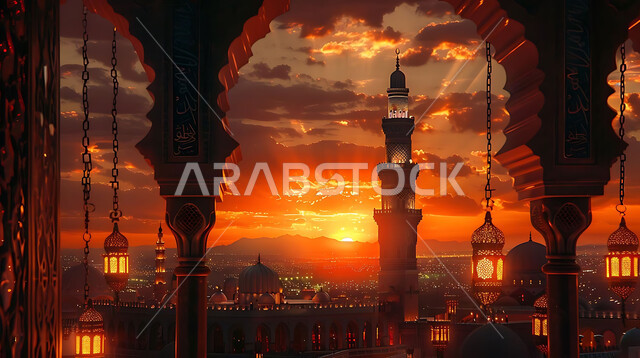 اكسسوارات و تحف مميزة للاحتفال بقدوم شهر الخير، صورة ظلية لزينة رمضان المبارك أثناء غروب الشمس، المصابيح المعدنية في الأجواء الرمضانية الروحانية، مجموعة من الفوانيس العربية التقليدية المضيئة على خلفية المساجد الاسلامية, سالويت