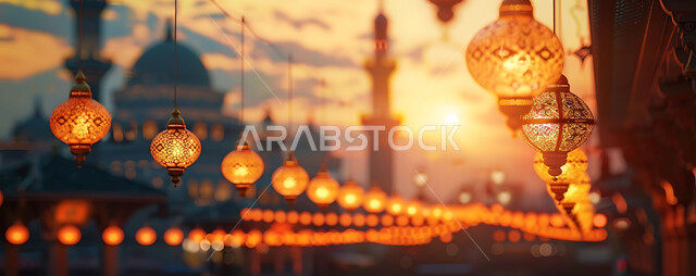 Distinctive accessories and antiques to celebrate the coming of the month of goodness, a silhouette of the blessed Ramadan decorations during sunset, metal lamps in the spiritual Ramadan atmosphere, a group of traditional Arabic lanterns illuminated against the background of Islamic mosques, Saluit