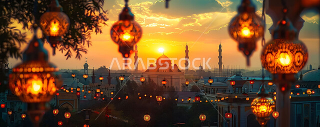 Distinctive accessories and antiques to celebrate the coming of the month of goodness, a silhouette of the blessed Ramadan decorations during sunset, metal lamps in the spiritual Ramadan atmosphere, a group of traditional Arabic lanterns illuminated against the background of Islamic mosques, Saluit