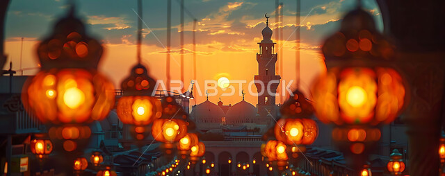 اكسسوارات و تحف مميزة للاحتفال بقدوم شهر الخير، صورة ظلية لزينة رمضان المبارك أثناء غروب الشمس، المصابيح المعدنية في الأجواء الرمضانية الروحانية، مجموعة من الفوانيس العربية التقليدية المضيئة على خلفية المساجد الاسلامية, سالويت