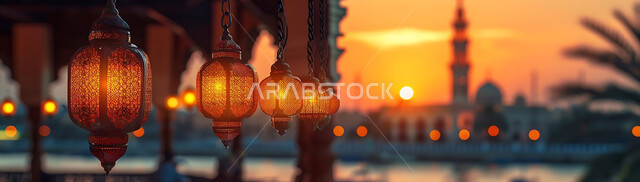 Distinctive accessories and antiques to celebrate the coming of the month of goodness, a silhouette of the blessed Ramadan decorations during sunset, metal lamps in the spiritual Ramadan atmosphere, a group of traditional Arabic lanterns illuminated against the background of Islamic mosques, Saluit