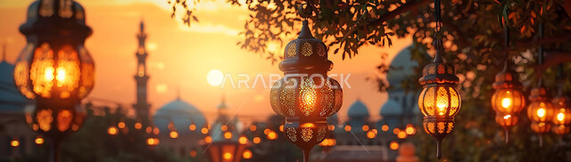 Distinctive accessories and antiques to celebrate the coming of the month of goodness, a silhouette of the blessed Ramadan decorations during sunset, metal lamps in the spiritual Ramadan atmosphere, a group of traditional Arabic lanterns illuminated against the background of Islamic mosques, Saluit