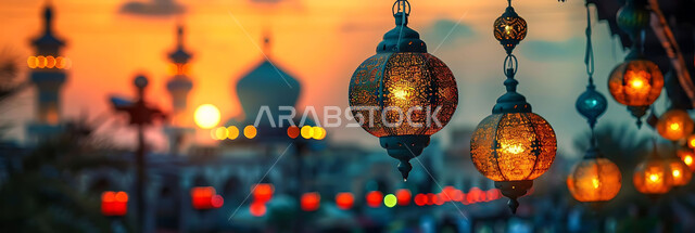 الأجواء الرمضانية الروحانية في شهر الخير والبركة، صورة ظلية للمصابيح المضيئة والمزخرفة للاحتفال بالأعياد والمناسبات الاسلامية, زينة واكسسوارات وأضواء رمضان المبارك، خلفية دينية, سيلوليت