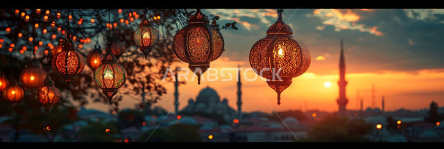 الأجواء الرمضانية الروحانية في شهر الخير والبركة، صورة ظلية للمصابيح المضيئة والمزخرفة للاحتفال بالأعياد والمناسبات الاسلامية, زينة واكسسوارات وأضواء رمضان المبارك، خلفية دينية, سيلوليت