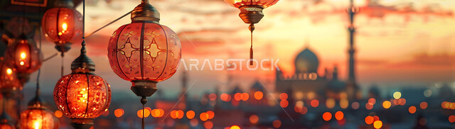 الأجواء الرمضانية الروحانية في شهر الخير والبركة، صورة ظلية للمصابيح المضيئة والمزخرفة للاحتفال بالأعياد والمناسبات الاسلامية, زينة واكسسوارات وأضواء رمضان المبارك، خلفية دينية, سيلوليت