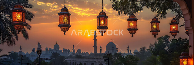 الأجواء الرمضانية الروحانية في شهر الخير والبركة، صورة ظلية للمصابيح المضيئة والمزخرفة للاحتفال بالأعياد والمناسبات الاسلامية, زينة واكسسوارات وأضواء رمضان المبارك، خلفية دينية, سيلوليت